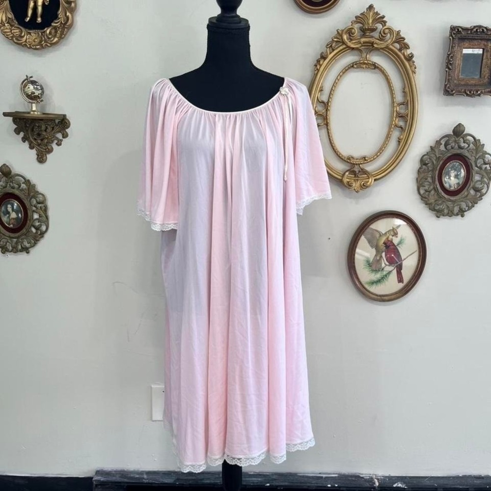 Miss Elaine Vintage Pink Sheer Lace Nightgown Size Medium Nylon